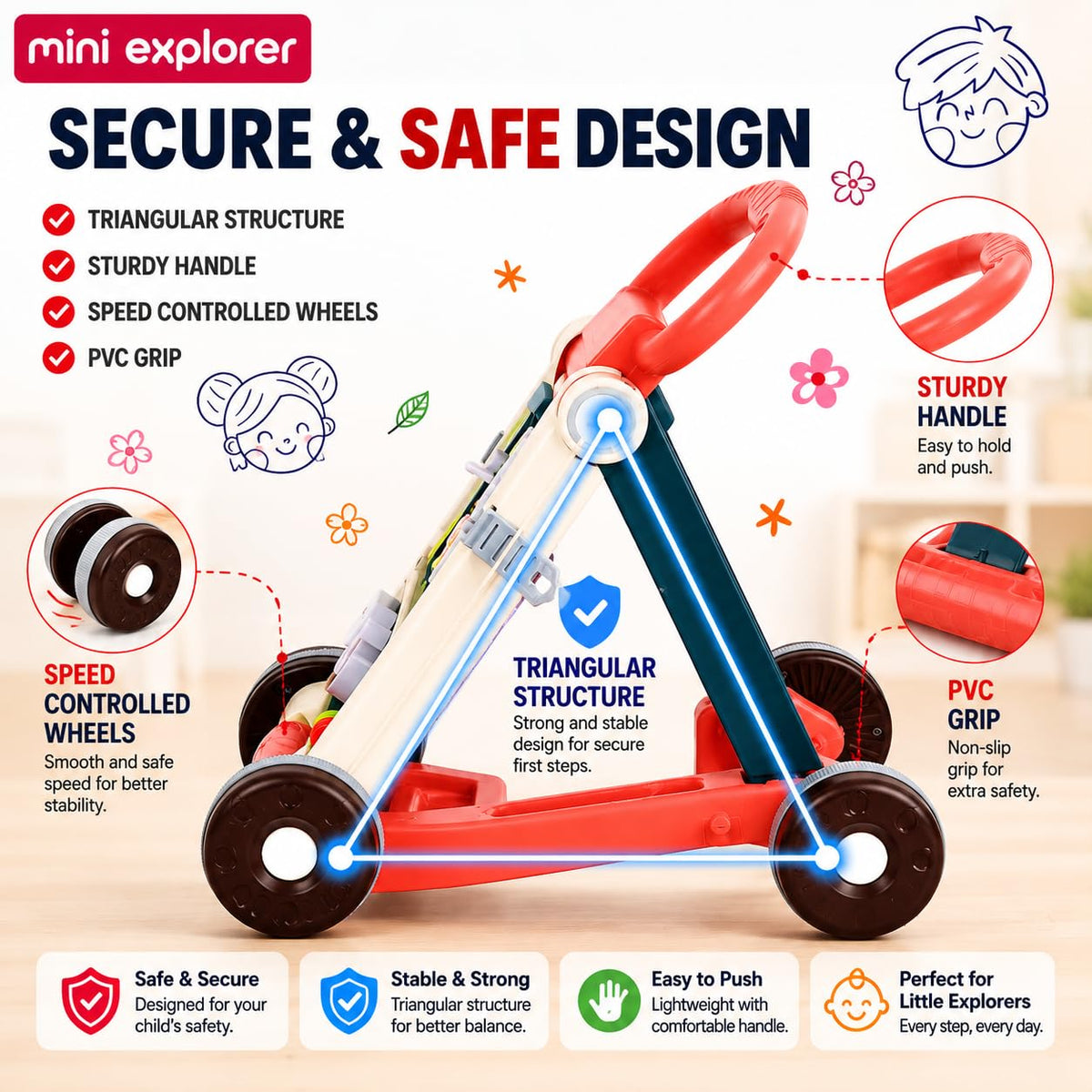 MiniExplorer Baby Activity Walker for 6-15 Months, Foldable Push Walker for Babies, Toddler Learning Walker with Activity Panel, Walker for Boys & Girls, Anti-Slip Wheels & Interactive Toys - Beige